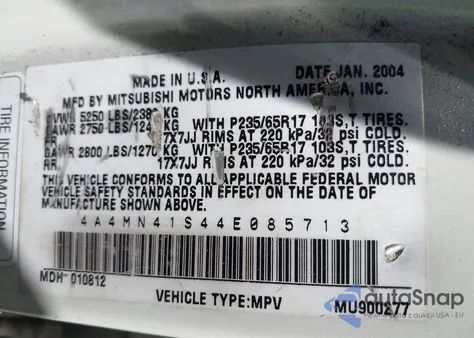 2004 Mitsubishi Endeavor Limited from USA, damaged, VIN 4A4MN41S44E085713